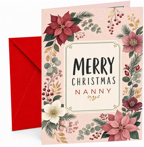 Nanny Christmas Card, Poinsettia and Holly Floral Border