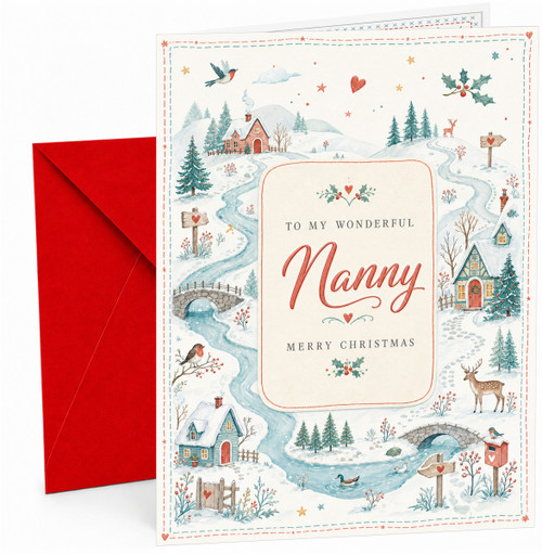 Nanny Christmas Card, Winter Village River and Deer Scene