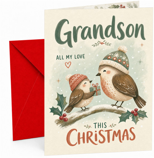 Grandson Christmas Card with Robins in Hats and Gift