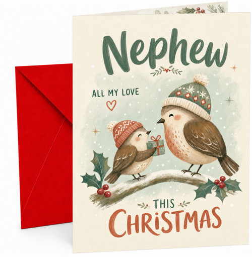 Nephew Christmas Card, Cute Robin Birds in Woolly Hats