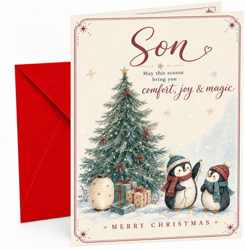 Son Christmas Card with Penguins and Christmas Tree Scene