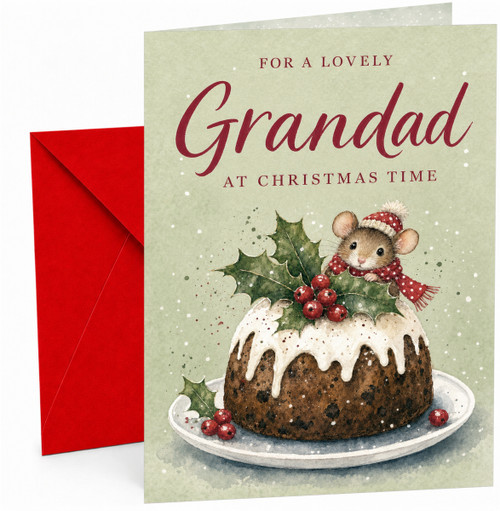 Grandad Christmas Card, Mouse in Pudding with Holly Berries