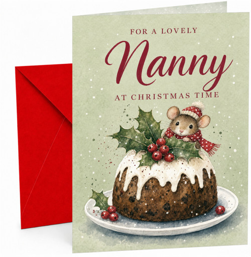Nanny Christmas Card, Cute Mouse and Christmas Pudding