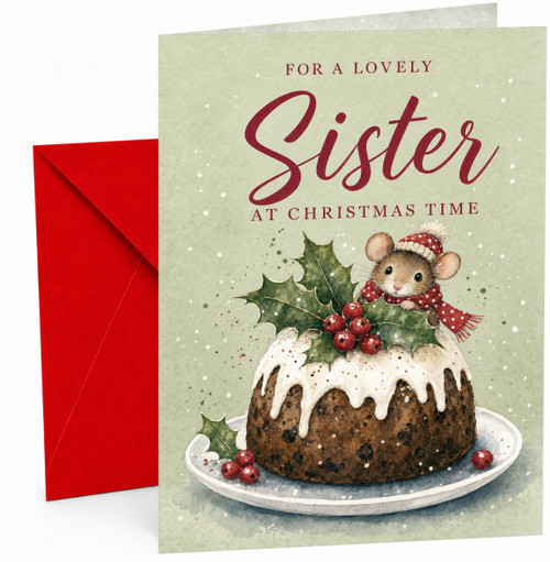 Sister Christmas Card, Cute Mouse on Christmas Pudding