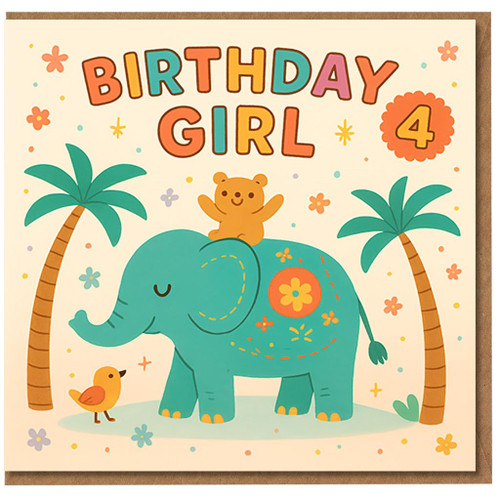 4th Birthday Card for Girl - Cute Elephant with Teddy and Bird, Tropical Palms and Confetti - Birthday Girl Age 4