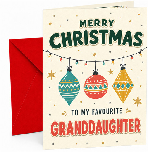 Granddaughter Christmas Card, Hanging Baubles and Fairy Lights