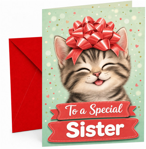 Sister Christmas Card with Cute Kitten and Red Bow