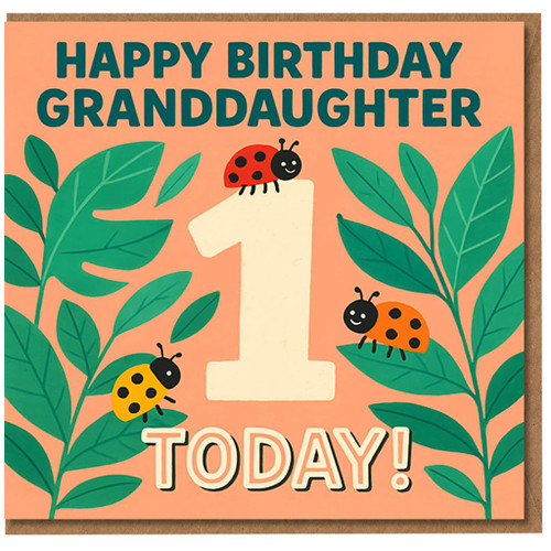 Granddaughter 1st Birthday Card - Happy Birthday Granddaughter, 1 Today with Ladybirds and Leaves - Cute First Card for