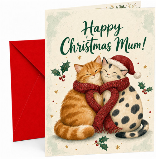 Mum Christmas Card, Cuddling Cats in Red Scarf