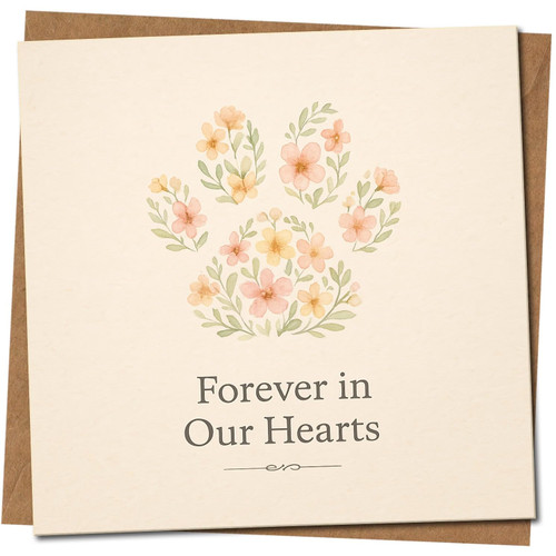 Pet Loss Sympathy Card - Forever in Our Hearts - Floral Paw Print Design - 145mm x 145mm - Condolence Card for Dog or Cat Owners, Includes Kraft Envelope