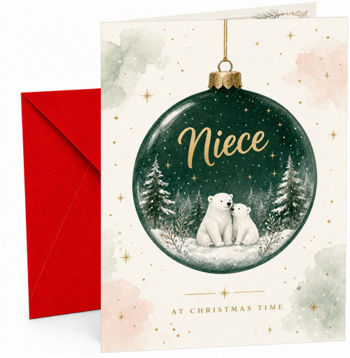 Niece Christmas Card, Polar Bear Bauble Snowy Forest