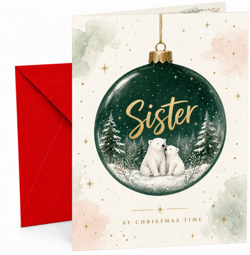 Sister Christmas Card, Polar Bears Bauble Woodland Scene