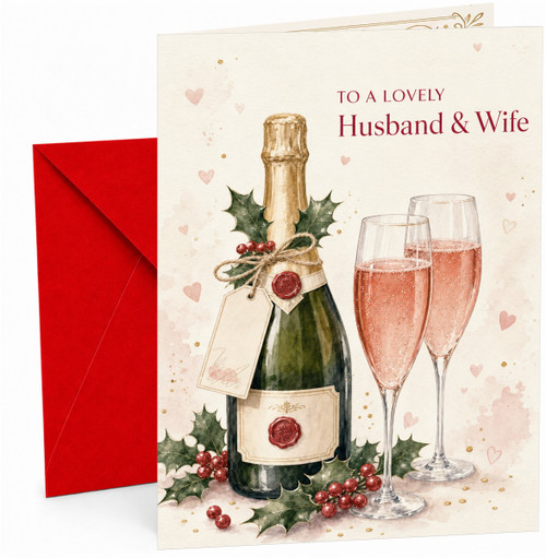 Husband & Wife Christmas Card Champagne Bottle and Glasses