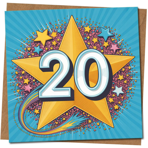 20th Birthday Card - Big Star 20 Design - Milestone Square Greeting Card, 145mm x 145mm, Kraft, Includes Kraft Envelope