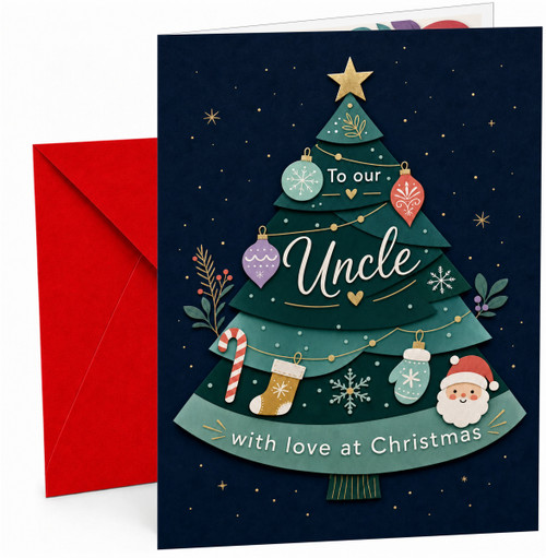 Uncle Christmas Card, Decorated Tree with Santa and Baubles