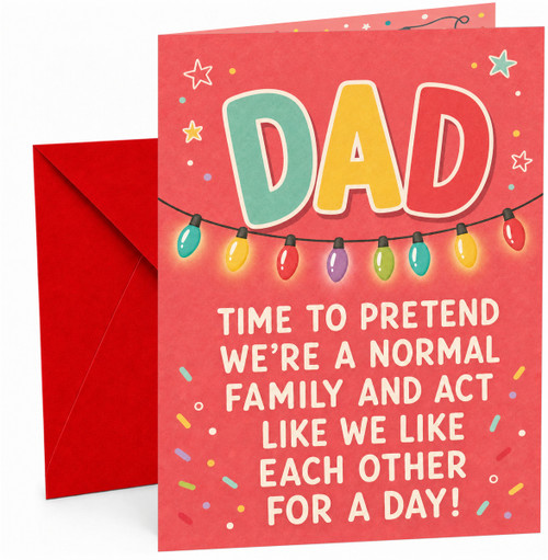 Dad Christmas Card Funny Family Pretend Quote & Fairy Lights