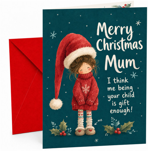 Mum Christmas Card, Funny Girl in Santa Hat & Jumper