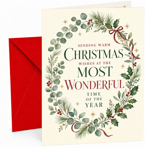 Christmas Card Warm Wishes Wreath with Holly and Eucalyptus