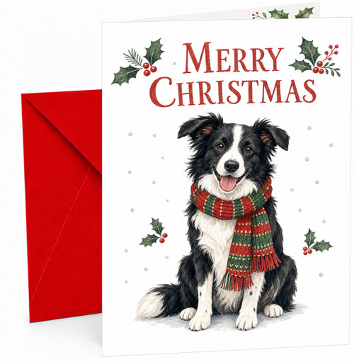 Christmas Card with Border Collie in Festive Scarf