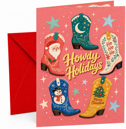 Christmas Card Howdy Holidays Cowboy Boots Santa Snowman