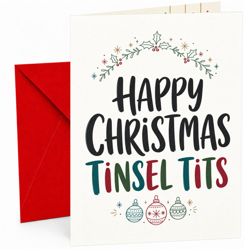 Christmas Card Funny Happy Christmas Tinsel Tits Holly