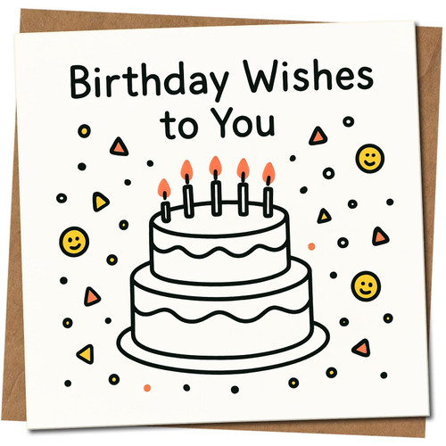 Birthday Wishes to You Birthday Card, 145mm x 145mm Square - Cute Cake & Confetti Design - Kraft, Includes Kraft Envelope