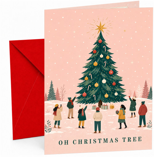 Christmas Card, Oh Christmas Tree with people and giant tree