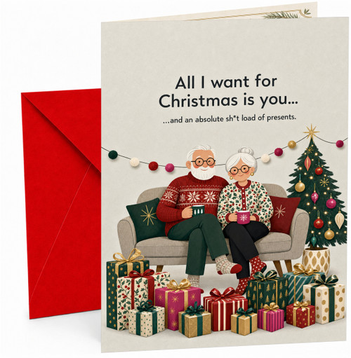 Funny Christmas Card Couple on Sofa with Presents & Tree