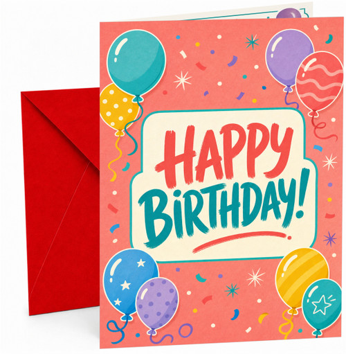 Happy Birthday Card with Colourful Balloons and Confetti