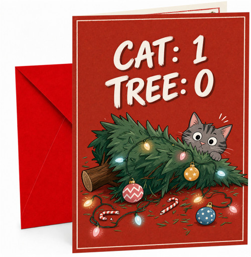 Funny Christmas Card Cat vs Tree Score with Fallen Tree