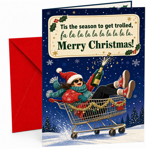 Funny Christmas Card, Trolled Slogan, Woman in Trolley