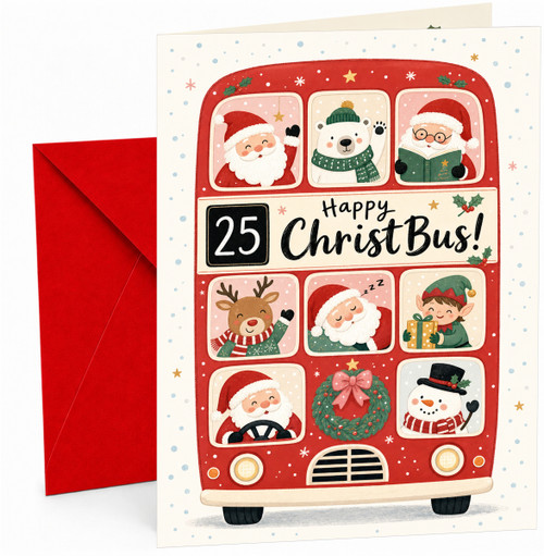 Christmas Card, Happy ChristBus Red Bus with Santa & Friends
