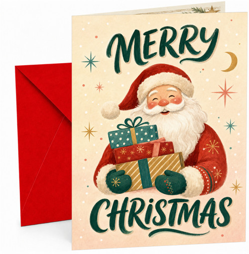 Christmas Card with Santa Holding Presents Illustration