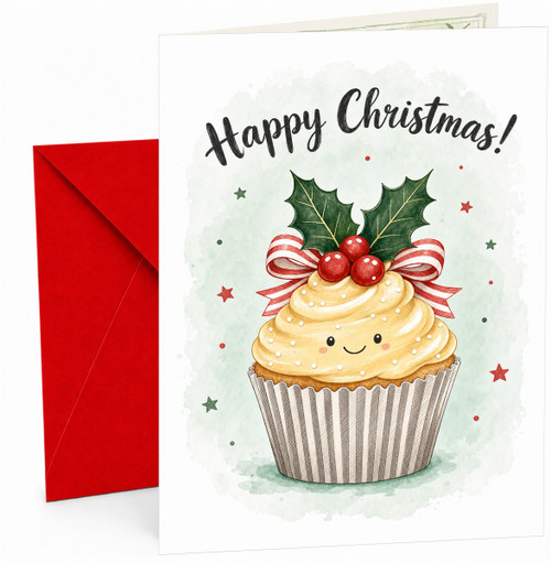 Christmas Card Cute Cupcake with Holly and Berries