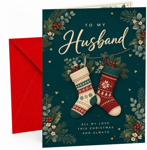 Husband Christmas Card with Hanging Stockings and Holly