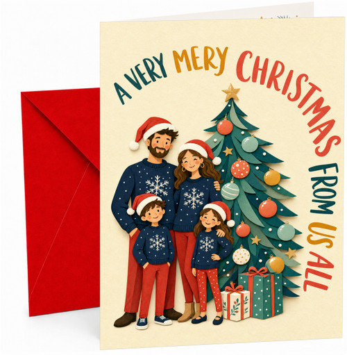 Christmas Card From Us All, Family by Tree in Matching Jumpers
