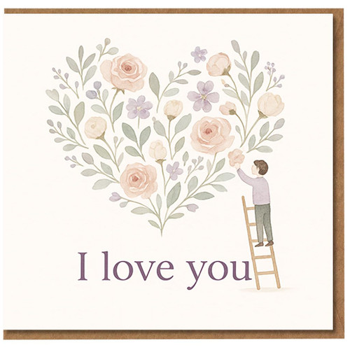 I Love You Floral Heart Card - Romantic Watercolour Flowers Illustration with Ladder Figure - Anniversary, Valentine’s Day or Just Because