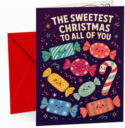Christmas Card, Cute Sweetie Candies and Candy Cane