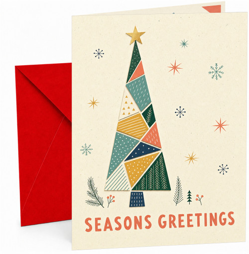 Christmas Card Seasons Greetings Geometric Tree and Snowflakes