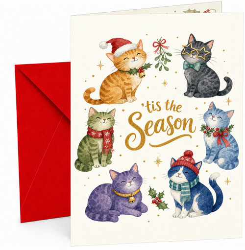 Christmas Card 'Tis the Season' Cats in Santa Hats