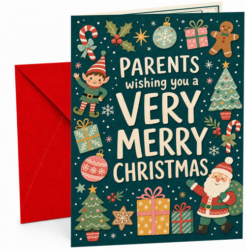 Parents Christmas Card with Santa, Elf and Presents