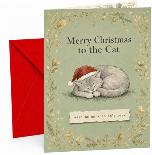 Christmas Card for Cat with Sleeping Kitten in Santa Hat