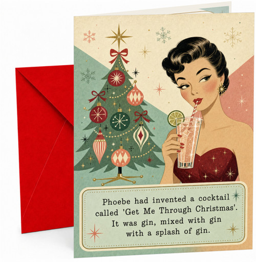 Funny Christmas Card Gin Cocktail Lady and Retro Tree