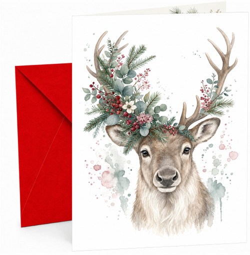 Christmas Card Watercolour Reindeer with Floral Antlers