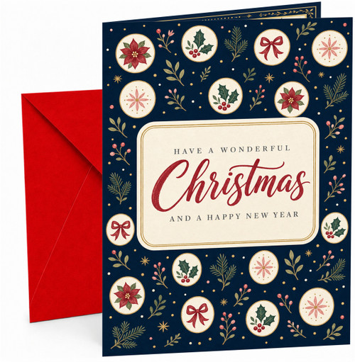 Christmas Card Poinsettia Holly Medallions on Navy