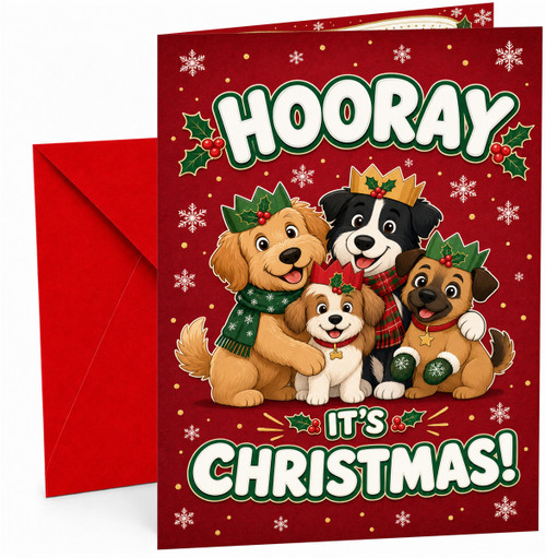 Christmas Card Cute Dogs in Crowns Hooray It's Christmas