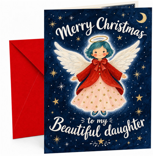 Daughter Christmas Card, Angel Girl with Wings and Stars