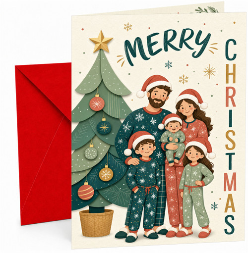 Christmas Card Family in Matching Pyjamas by Tree