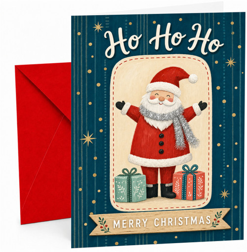Christmas Card with Santa and Presents Ho Ho Ho
