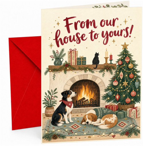 Christmas Card From Our House to Yours Fireplace Dogs Tree